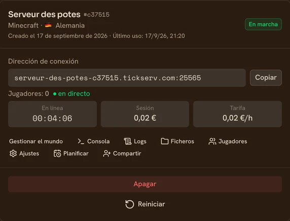 Tarjeta de un servidor Minecraft en marcha en la consola de TickServ: dirección de conexión permanente, tiempo de sesión, coste en curso y tarifa horaria
