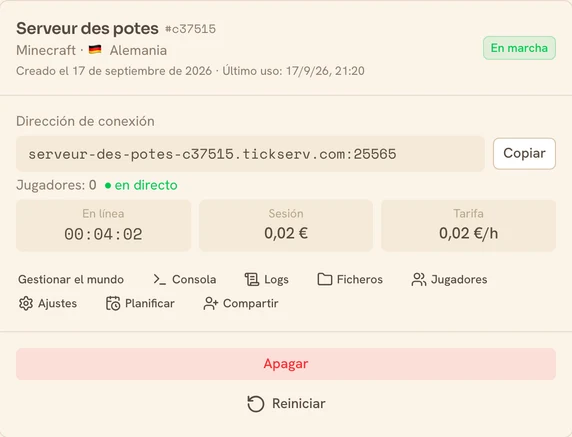 Tarjeta de un servidor Minecraft en marcha en la consola de TickServ: dirección de conexión permanente, tiempo de sesión, coste en curso y tarifa horaria