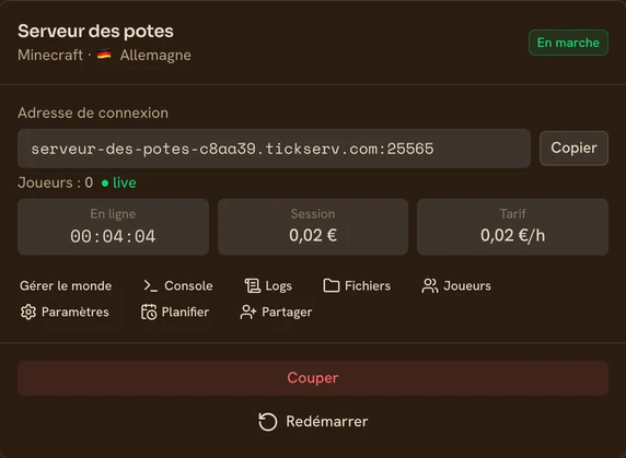 Carte d’un serveur Minecraft en marche dans la console TickServ : adresse de connexion permanente, temps de session, coût en cours et tarif horaire
