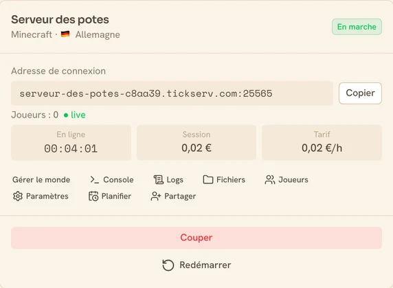 Carte d’un serveur Minecraft en marche dans la console TickServ : adresse de connexion permanente, temps de session, coût en cours et tarif horaire