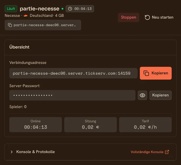 Seite eines laufenden Necesse-Servers in der TickServ-Konsole: dauerhafte Verbindungsadresse, Sitzungsdauer, laufende Kosten und Stundenpreis