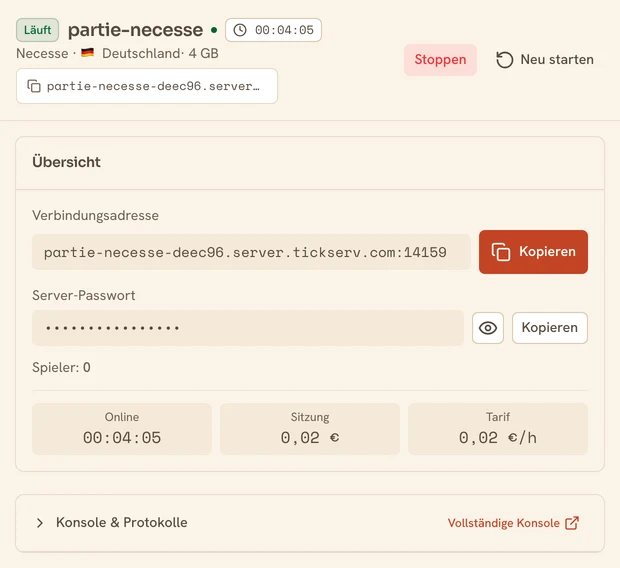 Seite eines laufenden Necesse-Servers in der TickServ-Konsole: dauerhafte Verbindungsadresse, Sitzungsdauer, laufende Kosten und Stundenpreis
