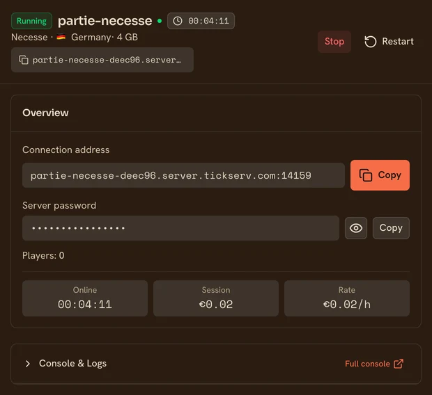The page of a running Necesse server in the TickServ console: permanent connection address, session time, running cost and hourly rate
