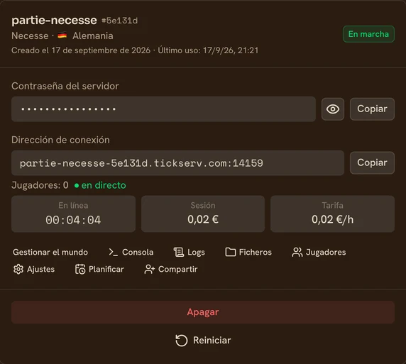 Tarjeta de un servidor Necesse en marcha en la consola de TickServ: dirección de conexión permanente, tiempo de sesión, coste en curso y tarifa horaria