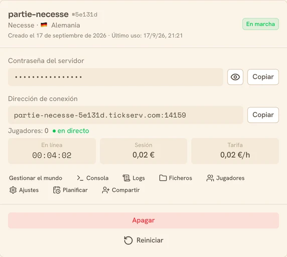 Tarjeta de un servidor Necesse en marcha en la consola de TickServ: dirección de conexión permanente, tiempo de sesión, coste en curso y tarifa horaria