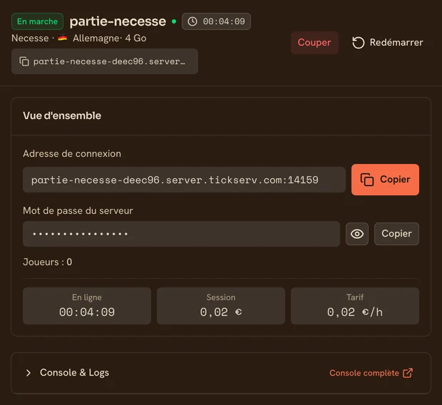 Page d’un serveur Necesse en marche dans la console TickServ : adresse de connexion permanente, temps de session, coût en cours et tarif horaire