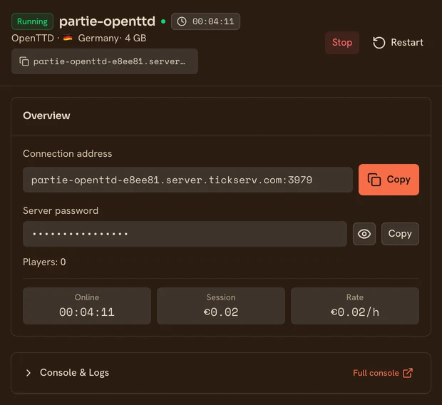 The page of a running OpenTTD server in the TickServ console: permanent connection address, session time, running cost and hourly rate