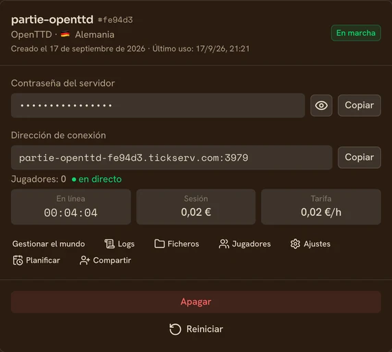 Tarjeta de un servidor OpenTTD en marcha en la consola de TickServ: dirección de conexión permanente, tiempo de sesión, coste en curso y tarifa horaria