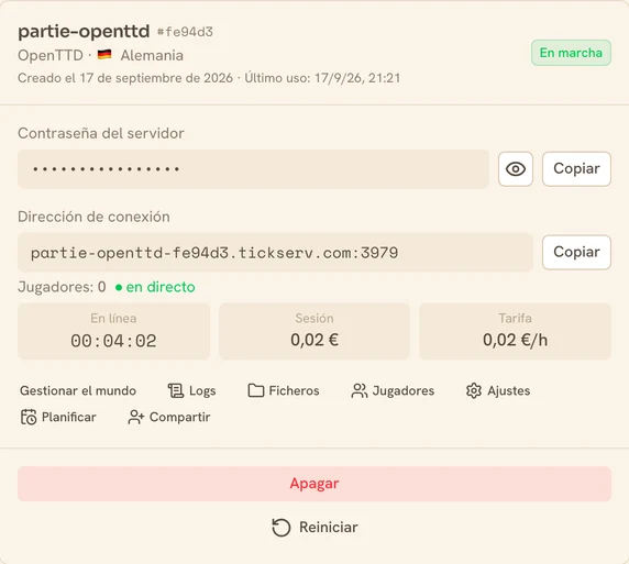 Tarjeta de un servidor OpenTTD en marcha en la consola de TickServ: dirección de conexión permanente, tiempo de sesión, coste en curso y tarifa horaria