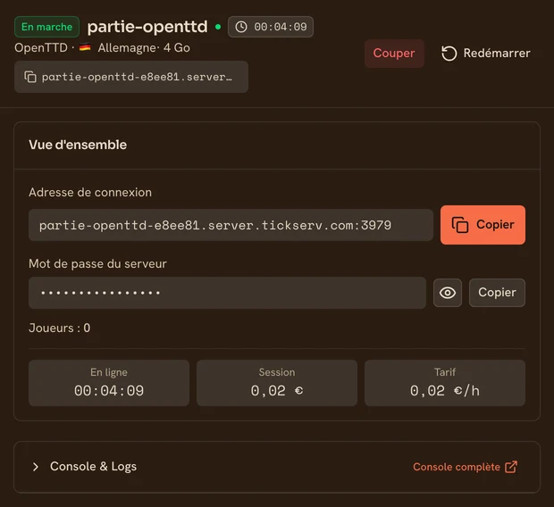 Page d’un serveur OpenTTD en marche dans la console TickServ : adresse de connexion permanente, temps de session, coût en cours et tarif horaire