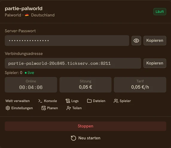 Karte eines laufenden Palworld-Servers in der TickServ-Konsole: dauerhafte Verbindungsadresse, Sitzungsdauer, laufende Kosten und Stundenpreis