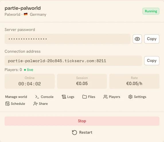 A running Palworld server in the TickServ console: permanent connection address, session time, running cost and hourly rate