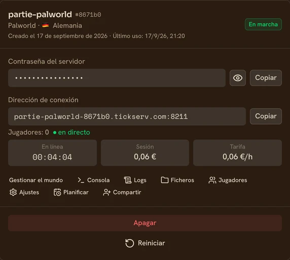 Tarjeta de un servidor Palworld en marcha en la consola de TickServ: dirección de conexión permanente, tiempo de sesión, coste en curso y tarifa horaria