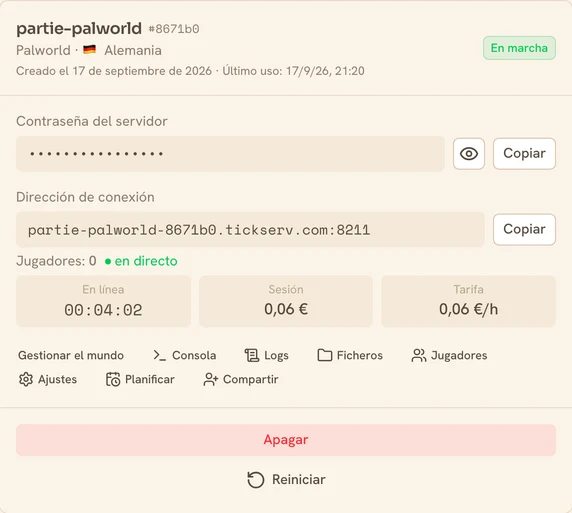 Tarjeta de un servidor Palworld en marcha en la consola de TickServ: dirección de conexión permanente, tiempo de sesión, coste en curso y tarifa horaria