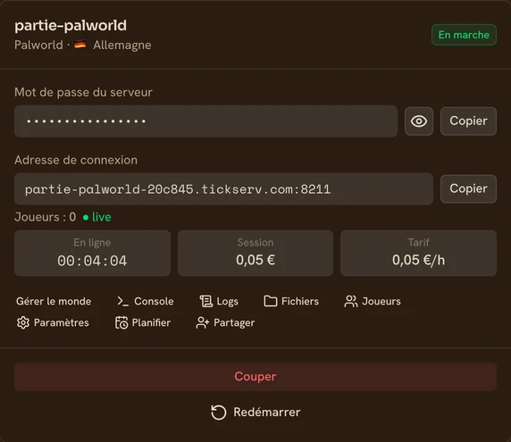 Carte d’un serveur Palworld en marche dans la console TickServ : adresse de connexion permanente, temps de session, coût en cours et tarif horaire