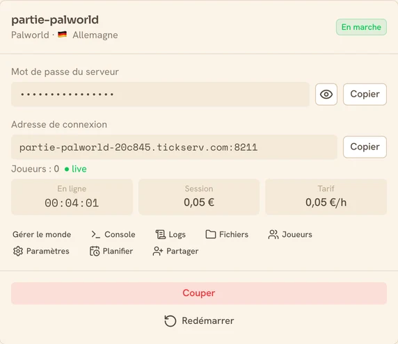 Carte d’un serveur Palworld en marche dans la console TickServ : adresse de connexion permanente, temps de session, coût en cours et tarif horaire