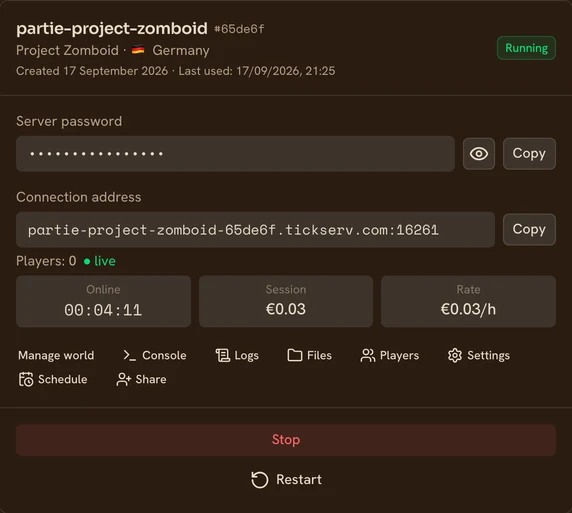 A running Project Zomboid server in the TickServ console: permanent connection address, session time, running cost and hourly rate