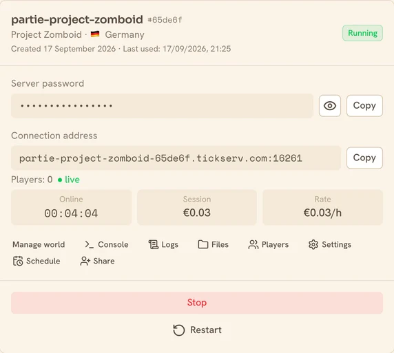 A running Project Zomboid server in the TickServ console: permanent connection address, session time, running cost and hourly rate