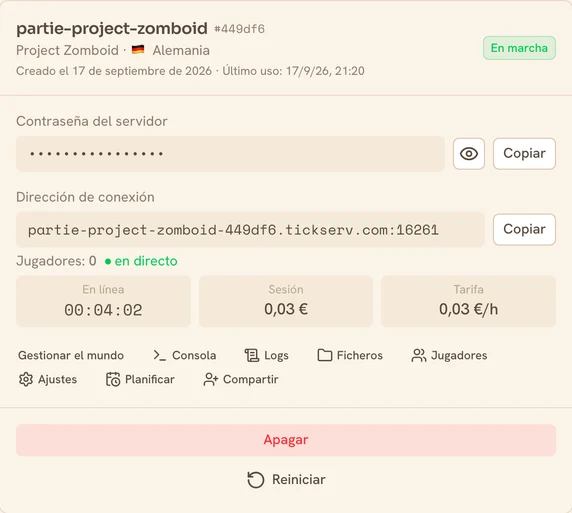 Tarjeta de un servidor Project Zomboid en marcha en la consola de TickServ: dirección de conexión permanente, tiempo de sesión, coste en curso y tarifa horaria