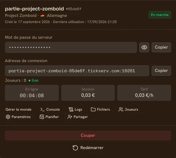 Carte d’un serveur Project Zomboid en marche dans la console TickServ : adresse de connexion permanente, temps de session, coût en cours et tarif horaire