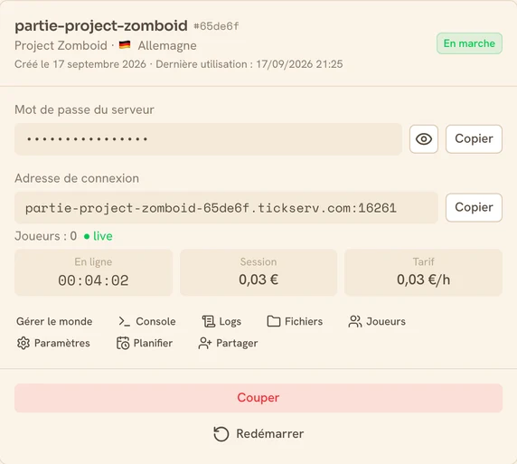 Carte d’un serveur Project Zomboid en marche dans la console TickServ : adresse de connexion permanente, temps de session, coût en cours et tarif horaire