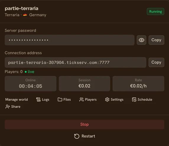 A running Terraria server in the TickServ console: permanent connection address, session time, running cost and hourly rate