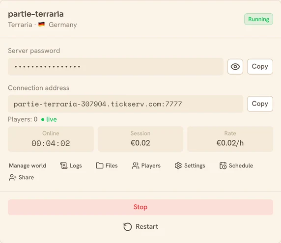 A running Terraria server in the TickServ console: permanent connection address, session time, running cost and hourly rate