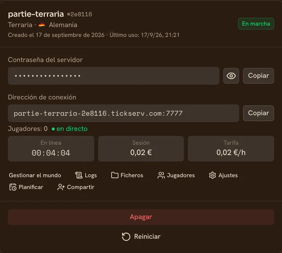 Tarjeta de un servidor Terraria en marcha en la consola de TickServ: dirección de conexión permanente, tiempo de sesión, coste en curso y tarifa horaria