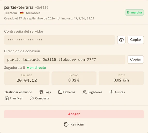 Tarjeta de un servidor Terraria en marcha en la consola de TickServ: dirección de conexión permanente, tiempo de sesión, coste en curso y tarifa horaria