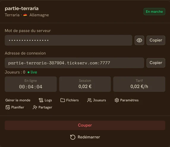 Carte d’un serveur Terraria en marche dans la console TickServ : adresse de connexion permanente, temps de session, coût en cours et tarif horaire