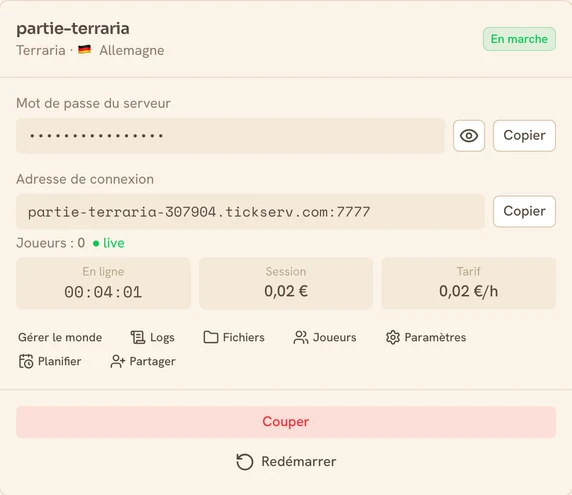 Carte d’un serveur Terraria en marche dans la console TickServ : adresse de connexion permanente, temps de session, coût en cours et tarif horaire