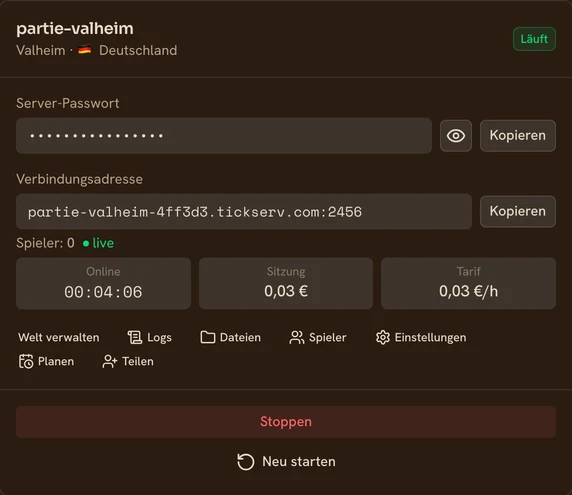 Karte eines laufenden Valheim-Servers in der TickServ-Konsole: dauerhafte Verbindungsadresse, Sitzungsdauer, laufende Kosten und Stundenpreis