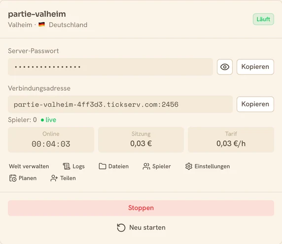Karte eines laufenden Valheim-Servers in der TickServ-Konsole: dauerhafte Verbindungsadresse, Sitzungsdauer, laufende Kosten und Stundenpreis
