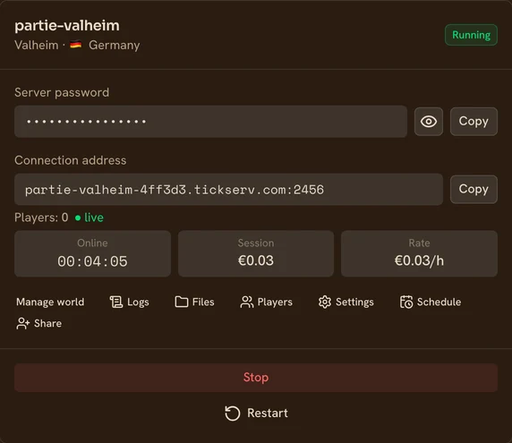 A running Valheim server in the TickServ console: permanent connection address, session time, running cost and hourly rate