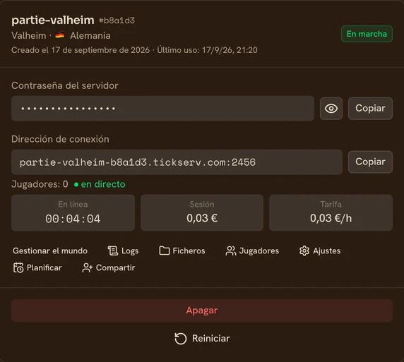 Tarjeta de un servidor Valheim en marcha en la consola de TickServ: dirección de conexión permanente, tiempo de sesión, coste en curso y tarifa horaria