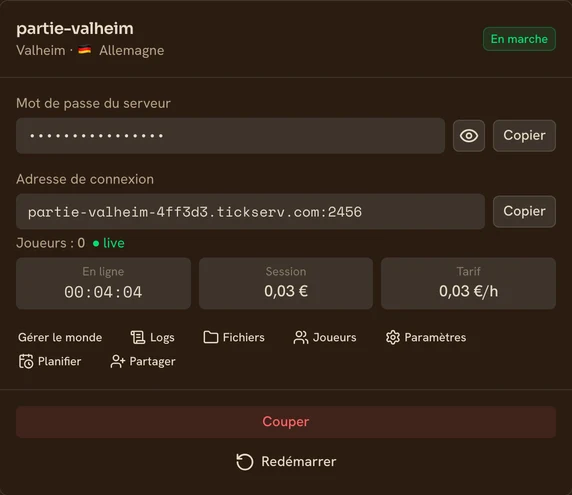 Carte d’un serveur Valheim en marche dans la console TickServ : adresse de connexion permanente, temps de session, coût en cours et tarif horaire