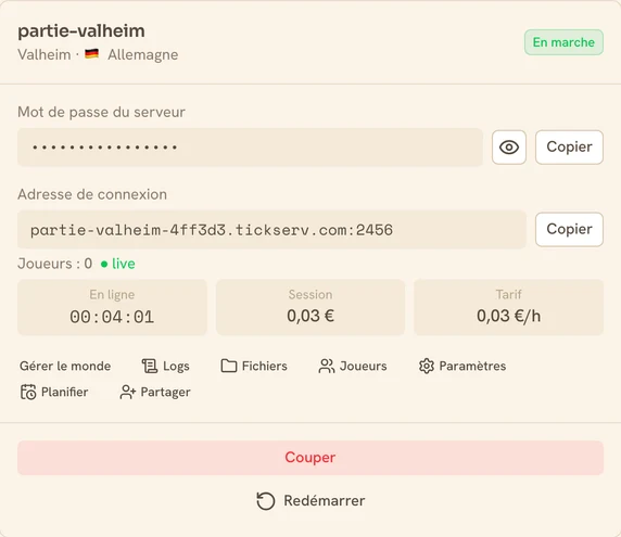 Carte d’un serveur Valheim en marche dans la console TickServ : adresse de connexion permanente, temps de session, coût en cours et tarif horaire