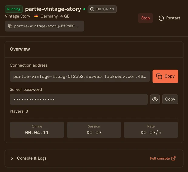The page of a running Vintage Story server in the TickServ console: permanent connection address, session time, running cost and hourly rate