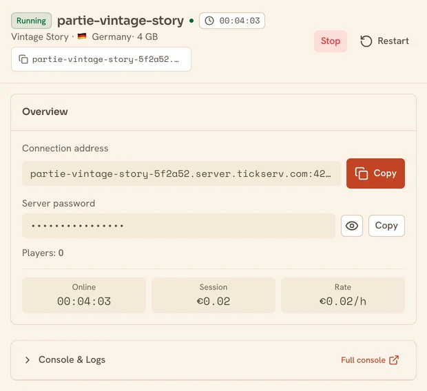The page of a running Vintage Story server in the TickServ console: permanent connection address, session time, running cost and hourly rate