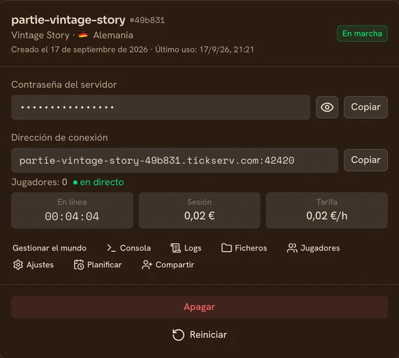 Tarjeta de un servidor Vintage Story en marcha en la consola de TickServ: dirección de conexión permanente, tiempo de sesión, coste en curso y tarifa horaria