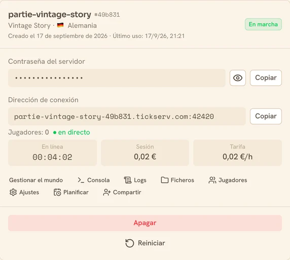 Tarjeta de un servidor Vintage Story en marcha en la consola de TickServ: dirección de conexión permanente, tiempo de sesión, coste en curso y tarifa horaria