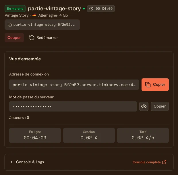 Page d’un serveur Vintage Story en marche dans la console TickServ : adresse de connexion permanente, temps de session, coût en cours et tarif horaire
