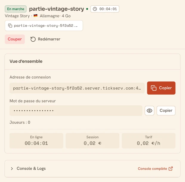 Page d’un serveur Vintage Story en marche dans la console TickServ : adresse de connexion permanente, temps de session, coût en cours et tarif horaire