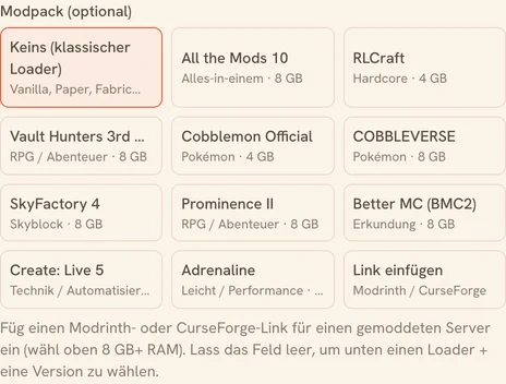 Die Modpack-Auswahl beim Erstellen eines Minecraft-Servers: einsatzbereite Modpacks (All the Mods, RLCraft, Cobblemon…) und ein Feld für einen Modrinth- oder CurseForge-Link