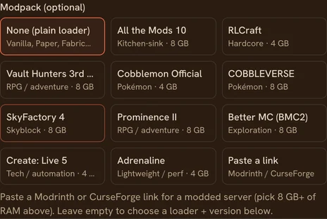 The modpack picker when creating a Minecraft server: ready-to-run modpacks (All the Mods, RLCraft, Cobblemon…) and a field to paste a Modrinth or CurseForge link