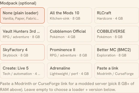The modpack picker when creating a Minecraft server: ready-to-run modpacks (All the Mods, RLCraft, Cobblemon…) and a field to paste a Modrinth or CurseForge link