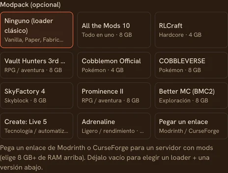 El selector de modpacks al crear un servidor de Minecraft: modpacks listos para usar (All the Mods, RLCraft, Cobblemon…) y campo para pegar un enlace de Modrinth o CurseForge