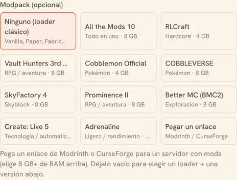 El selector de modpacks al crear un servidor de Minecraft: modpacks listos para usar (All the Mods, RLCraft, Cobblemon…) y campo para pegar un enlace de Modrinth o CurseForge