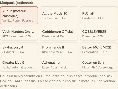 Le sélecteur de modpacks à la création d'un serveur Minecraft : modpacks prêts à l'emploi (All the Mods, RLCraft, Cobblemon…) et champ pour coller un lien Modrinth ou CurseForge