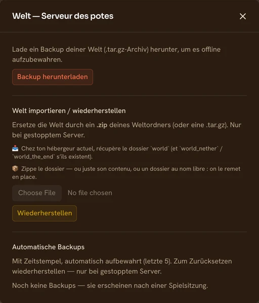 Das Fenster „Welt“ eines TickServ-Servers: Spielstand herunterladen, ein .zip-Archiv mit dem world-Ordner importieren und die Liste der automatischen Sicherungen